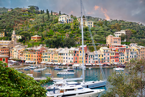 Beautiful small village Portofino with colorfull houses, luxury boats and yachts in little bay harbor. Liguria, Italy. On warm brigth summer day.
