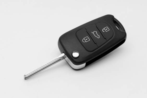 istock Modern car keys on white background 1279601275