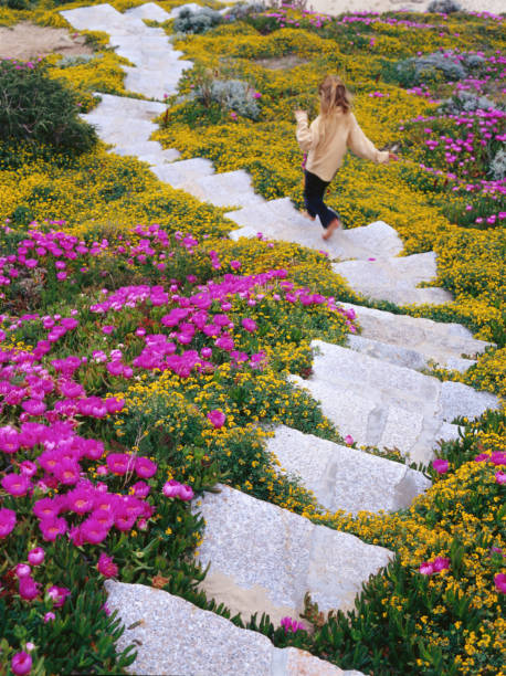 Bright, spring flowers all around her