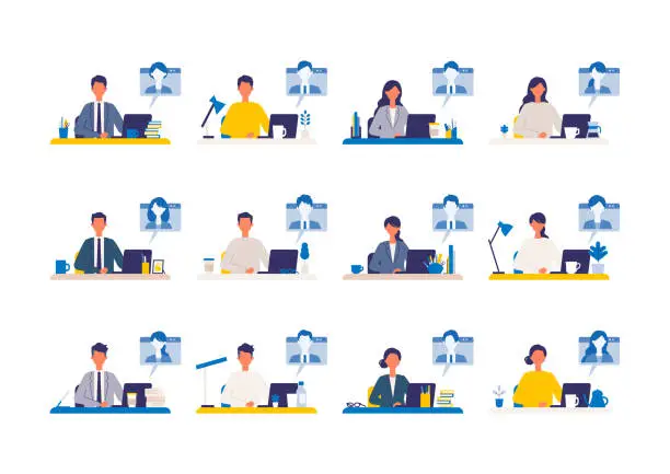 Vector illustration of Telecommuting concept. Vector illustration of people having communication via telecommuting system. Concept for video conference, workers at home or office.