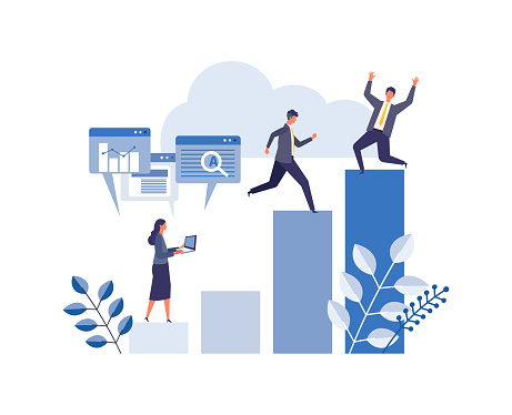Metaphor of business process, accomplish, strategy. Flat design vector illustration of business people. Concept for goal achievement.