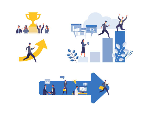 Metaphor of business process, accomplish, strategy. Flat design vector illustration of business people. Metaphor of business process, accomplish, strategy. Flat design vector illustration of business people. Concept for goal achievement. achievement illustrations stock illustrations