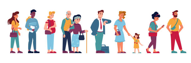 People crowd in queue line standing and waiting, vector flat isolated. People group in queue row, pregnant woman, old man with kid child, cartoon icons of people in line in hurry or impatient People crowd in queue line standing and waiting, vector flat isolated. People group in queue row, pregnant woman, old man with kid child, cartoon icons of people in line in hurry or impatient impatient stock illustrations