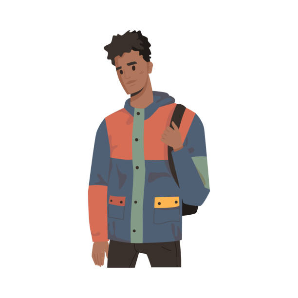 African American man in jacket with backpack isolated college or university student. Vector businessman in casual cloth, handsome male portrait. Multicultural character flat cartoon style, urban guy African American man in jacket with backpack isolated college or university student. Vector businessman in casual cloth, handsome male portrait. Multicultural character flat cartoon style, urban guy african american male model stock illustrations