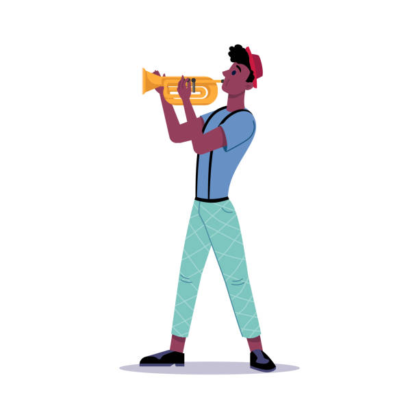 istock African american man playing on trumpet isolated. Vector musician or musical performer plays jazz blues music. Band player artist in hat and casual cloth plays on blowing instrument, street trumpeter 1279606360