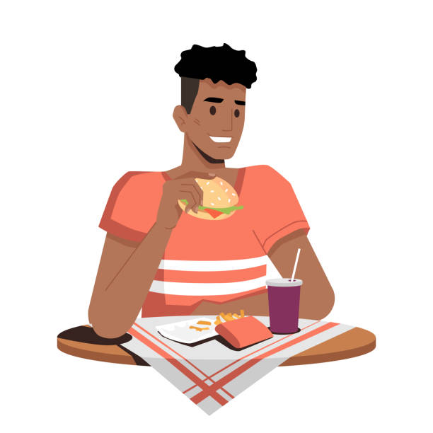 햄버거, 감자 튀김을 먹고 콜라 또는 소다 고립 된 플랫 만화 사람을 먹는 행복한 아프리카 계 미국인. 냅킨과 함께 테이블에 앉아 패스트 푸드 간식을 즐기는 벡터 아프로 계 미국인 남자 - cold sandwich illustrations stock illustrations