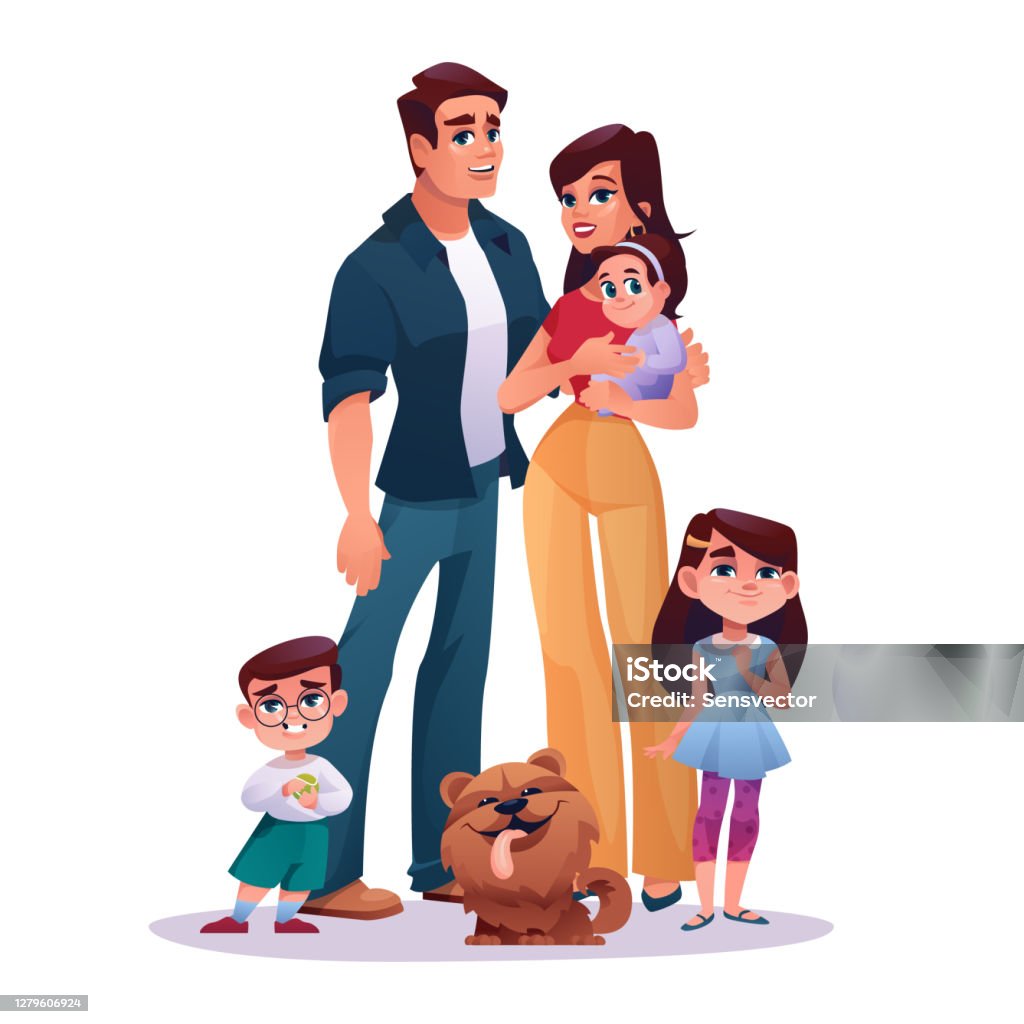 Young Family Mother Father Preschool Boy And Girl Newborn Baby And Dog Pet  Isolated Cartoon Characters Toddlers Man And Woman Dad And Mom Parents  Children And Happy Couple Together Parenthood Stock Illustration -