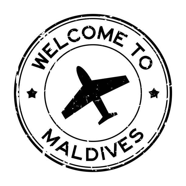 illustrations, cliparts, dessins animés et icônes de grunge noir bienvenue au mot des maldives avec l’icône d’avion tampon rond de joint en caoutchouc sur le fond blanc - passport stamp passport rubber stamp travel