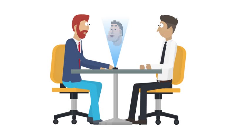 Briefing. Animation of business negotiations over a remote connection. Cartoon