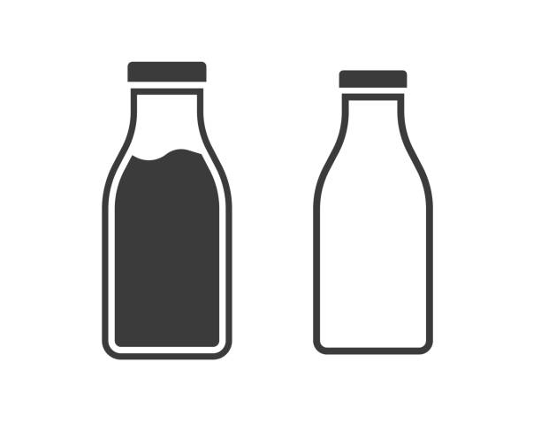 Milk bottle icon vector, dairy product glass package empty and full isolated line outline art shape, beverage drink element Milk bottle icon vector, dairy product glass package empty and full isolated line outline art shape, beverage drink element clipart image barren cow stock illustrations
