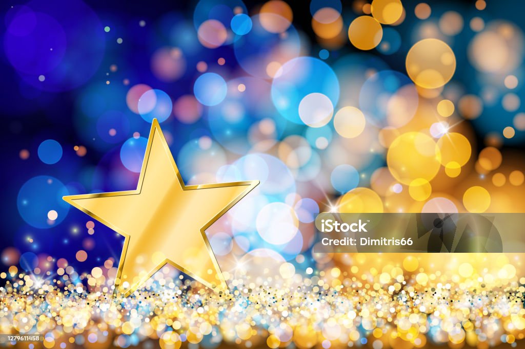 Gold star on defocused lights. Blue and gold bokeh decoration Gold star on glowing vector background. The eps file is organised into several layers for the star, the background, the bokeh, and the lights. You can move, delete or edit the elements of the image in groups or separately. Award stock vector