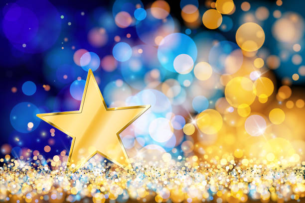 Gold star on defocused lights. Blue and gold bokeh decoration Gold star on glowing vector background. The eps file is organised into several layers for the star, the background, the bokeh, and the lights. You can move, delete or edit the elements of the image in groups or separately. award stock illustrations
