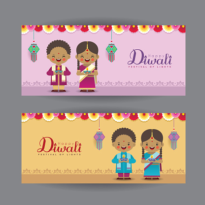 Diwali Or Deepavali Banner Cartoon Indian Girl Boy Holding Diya Oil Lamp  Stock Illustration - Download Image Now - iStock