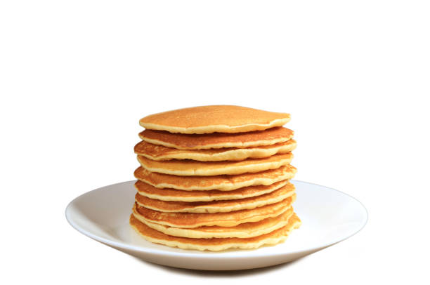 istock Plate of homemade plain pancake stack isolated on white background 1279612391
