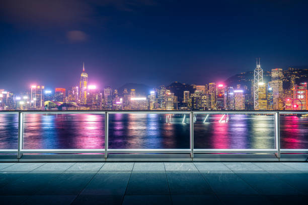 Empty tile floor front of Hong Kong skyline