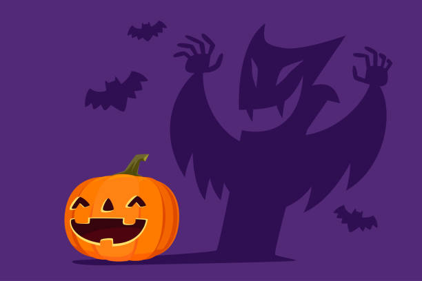 Halloween carved pumpkin with shadow as Dracula Halloween carved pumpkin with shadow as Dracula and bats. Halloween pumpkin cartoon illustration. count dracula stock illustrations