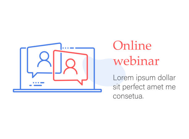 ilustrações, clipart, desenhos animados e ícones de curso online webinar, educação distante, videoaula, conferência de grupo na internet, teste de treinamento, trabalho em casa, fácil comunicação, ícone da linha vetorial - registo no computador