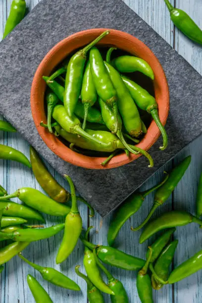 Photo of green chilly on wooden background.Fresh and Raw green chili isolated