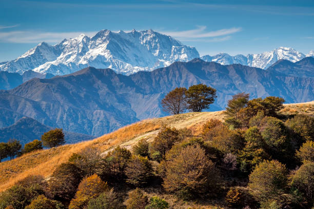 Monte Rosa peak, Northern Italy. Color image. Monte Rosa peak, seen from Mottarone mountain (Piedmont, Northern Italy). it is the largest mountain massif in the European Alps, the second highest after Mont Blanc. lombardy photos stock pictures, royalty-free photos & images