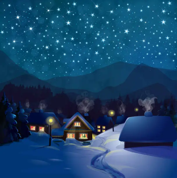 Vector illustration of Vector winter wonderland night background. Night winter landscape with houses.