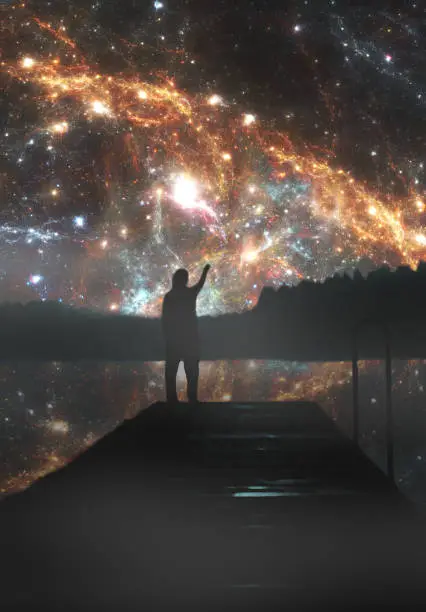 Deep space planet scenery, girl silhouette touching the stars