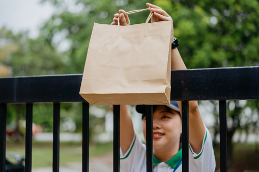Young Asian delivery woman delivering goods in paper bag to customer