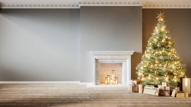 moderno interior clásico gris vacío con chimenea, árbol de navidad y regalos. 3d renderizar ilustración maqueta - fireplace christmas candle holiday fotografías e imágenes de stock