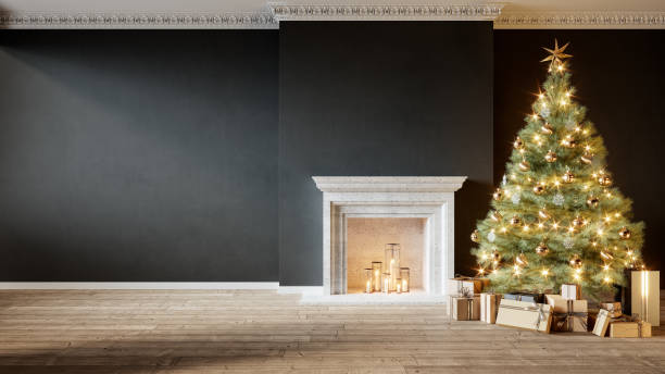 istock Modern classic black empty interior with fireplace, christmas tree and gifts. 3d render illustration mock up 1279630886
