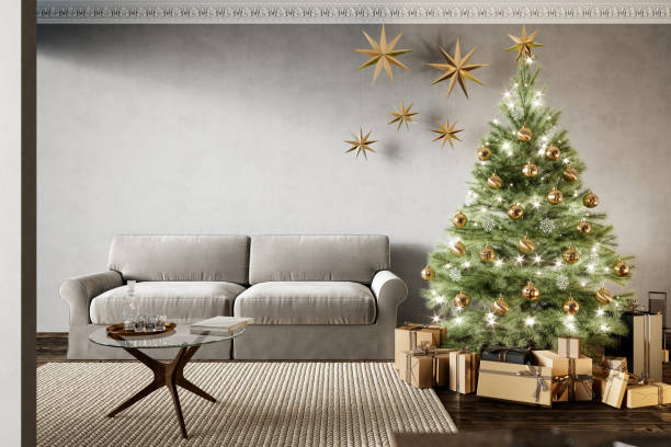 istock Modern classic gray interior with fireplace, christmas tree, gifts and sofa. 3d render illustration mock up 1279631127