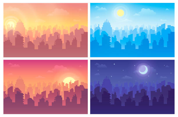 Change of night and day set. Cityscape during morning, afternoon, evening, midnight. Change of night and day in city, town cartoon set. Cityscape during sunrise, morning, afternoon, evening, sunset, midnight. Urban landscape with skyscrapers, sun, moon. Vector flat collection. morning afternoon night stock illustrations