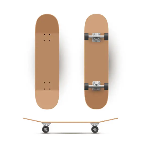 Vector illustration of Skateboard wooden or plastic template in different angles. Sport equipment realistic mockups.