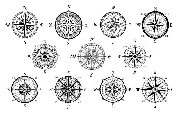 航海コンパスヴィンテージセット。風は中世の道具をバラにしました。地理的な海洋航法装置。 - compass点のイラスト素材／クリップアート素材／マンガ素材／アイコン素材