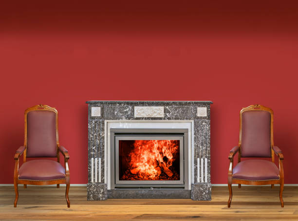 istock Interior with wooden floor, fireplace and two armchairs 1279633148