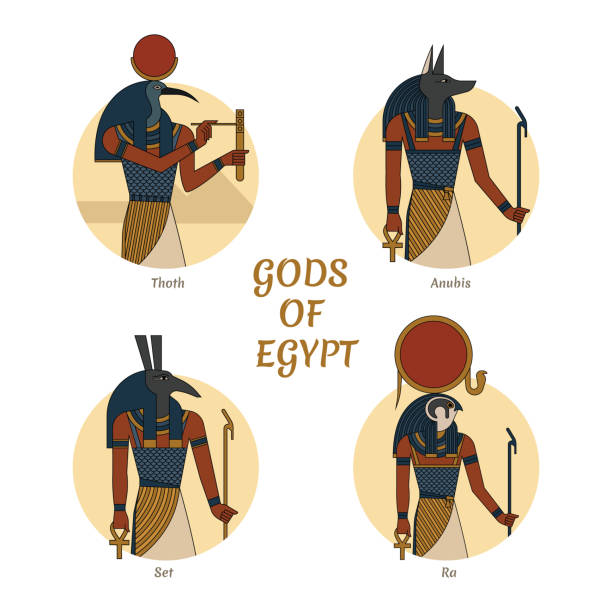 illustrations, cliparts, dessins animés et icônes de illustration des dieux et des symboles de l’egypte antique isolés sur le fond du scarabée. dieux égyptiens thoth, anubis, ra et set - anubis