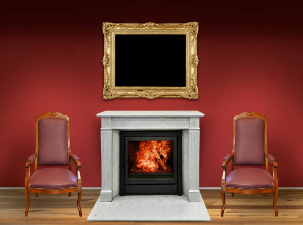 istock Interior with wooden floor, fireplace and two armchairs 1279633381