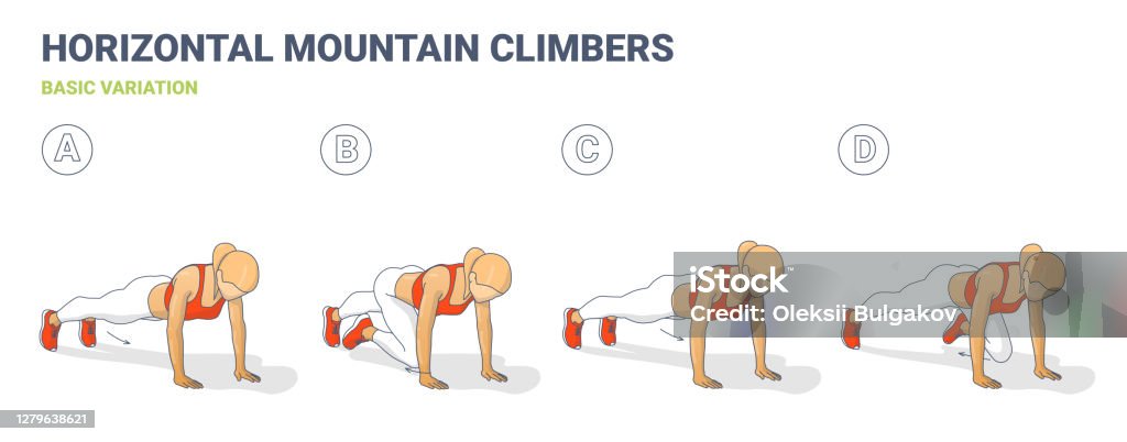 Mountain Climbers Home Workout Woman Exercise Guide Colorful Illustration Mountain Climbers Home Workout Woman Exercise Guide Illustration. Colorful Concept of Girl Working at Home on Her Abs a Young Female in Sportswear Top, Sneakers, and Leggings Doing Sport Training. Mountain Climbing stock vector