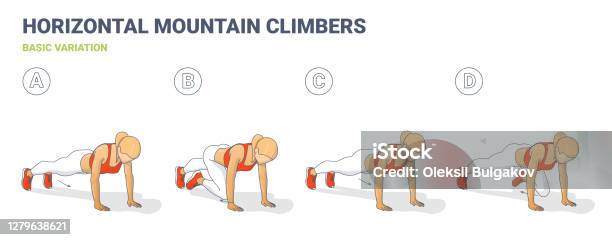 Mountain Climbers Home Workout Woman Exercise Guide Colorful Illustration Stock Illustration - Download Image Now