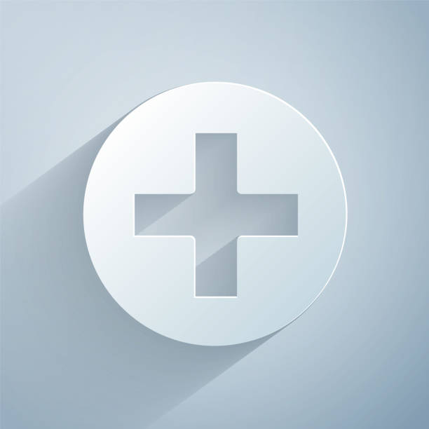 istock Paper cut Cross hospital medical icon isolated on grey background. First aid. Diagnostics symbol. Medicine and pharmacy sign. Paper art style. Vector Illustration 1279639793