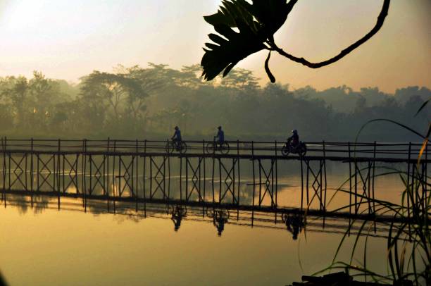 People cross the bamboo bridge in the morning People cross the bamboo bridge in the morning. Bamboo bridge in Bantul yogyakarta, 24 Juli 2020. bamboo bridge stock pictures, royalty-free photos & images