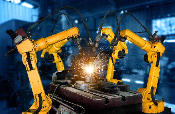 slimme industrie robotarmen voor digitale fabriek productietechnologie - automation stockfoto's en -beelden