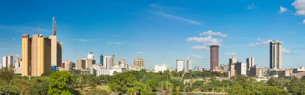 Panorama view of the skyline of Nairobi with its modern skyscrapers, Kenya with Uhuru Park in the foreground.