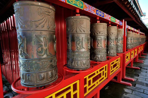 istock prayers' wheels in the Puning Temple, commonly called the Big Buddha Temple, is a Buddhist temple complex in Chengde, Hebei province, China. 1279641491