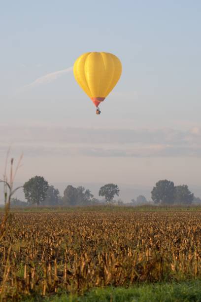 istock cultivated fields and trip of a yellow balloon 1279642187