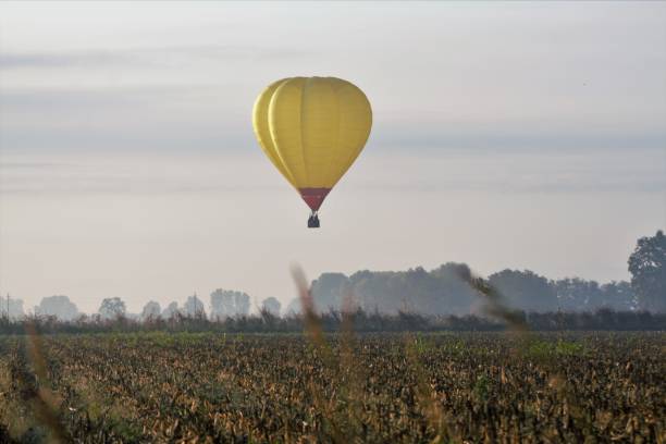 istock cultivated fields and trip of a yellow balloon 1279642198