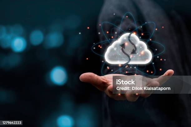 Hand Holding Virtual Cloud Illustration Icon With Black Background Cloud Technology System Is Computing Sharing Management For Upload Download Transfer Electronic Information And Application Stock Photo - Download Image Now