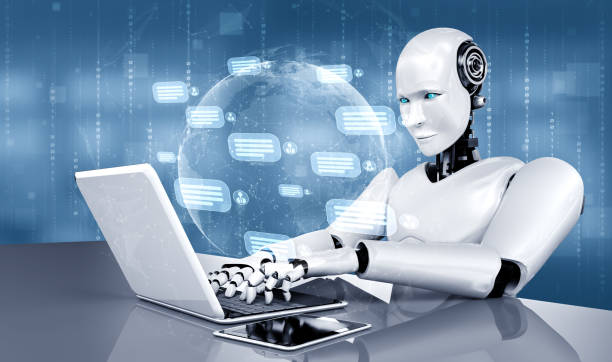 AI robot using computer to chat with customer. Concept of chat bot AI robot using computer to chat with customer. Concept of chat bot service providing help and smart information in social media and e-commerce application. 3D rendering illustration. artificial intelligence importance stock pictures, royalty-free photos & images