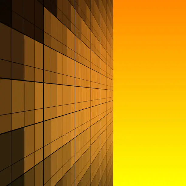 Vector illustration of Business and finance building facade with windows reflecting sunset or sunrise