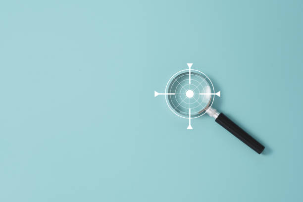 Magnifier glass with virtual focus illustration with copy space on blue background.