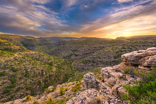 Carlsbad Cavern National Park, New Mexico, USA overlooking Rattlesnake Canyon just after sunset.