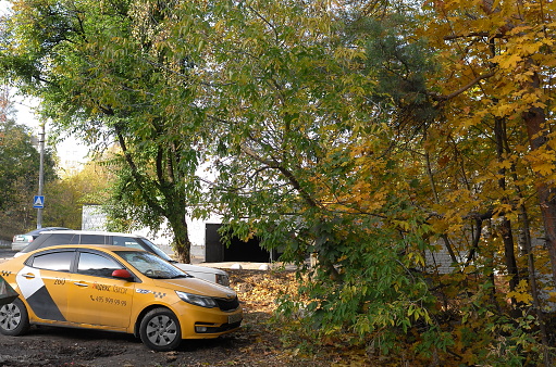 Moscow region, Russia - October 11, 2020: Domestic cars and taxi are parked under the trees